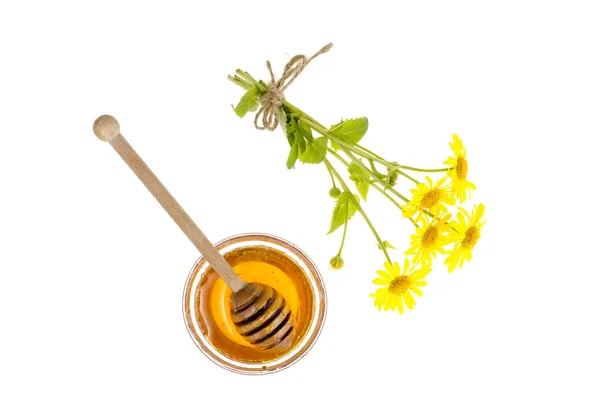 Transparent, søt blomst honning i glassform . – stockfoto