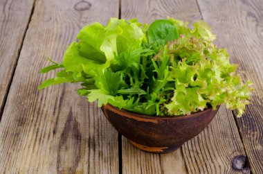 Taze yeşil organik yaprakları ile Bowl. Fotoğraf