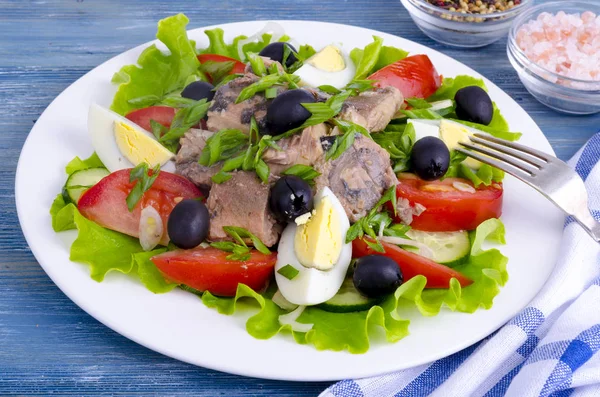 Салат зі свіжих овочів, яєць, консервованої риби та оливок . — стокове фото