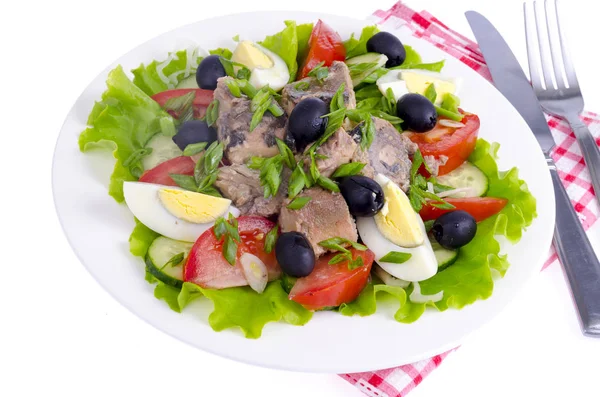 Салат зі свіжих овочів, яєць, консервованої риби та оливок . — стокове фото
