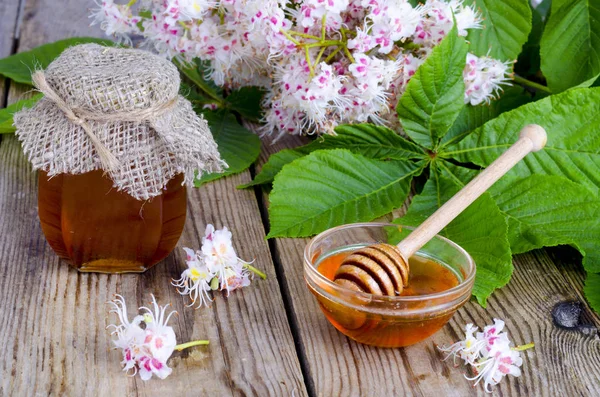 Fragrant chestnut honey in jar with blossom flowers. — Stock Photo, Image