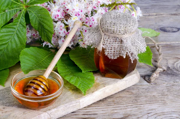Fragrant chestnut honey in jar with blossom flowers. — Stock Photo, Image