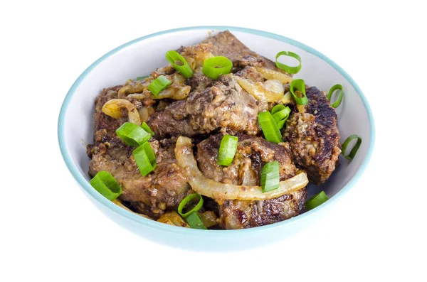 Fried liver with onions in bowl on white background. — Stock Photo, Image