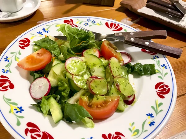 Ensalada de verduras frescas con salsa verde. Foto: — Foto de Stock