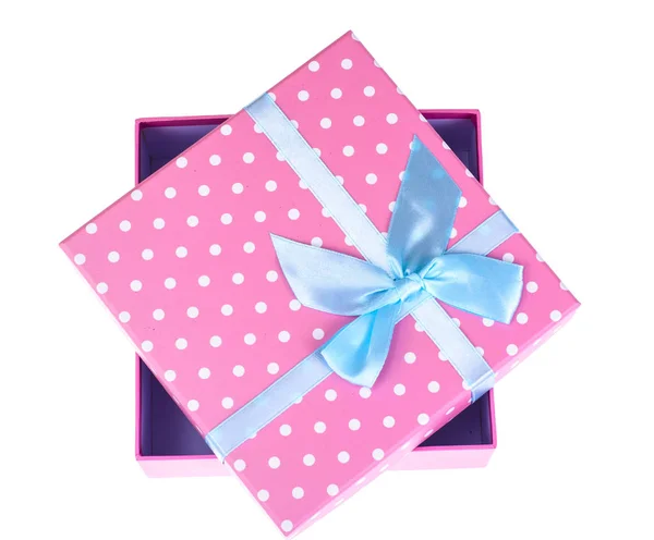 Roze geschenk doos met blauwe strik — Stockfoto