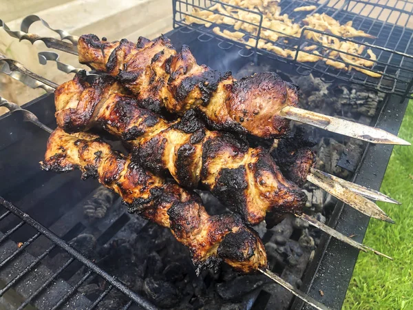 Cooking juicy tasty meat on skewers on grill — Stock Photo, Image