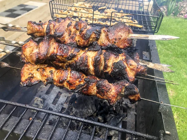 Cocinar jugosa carne sabrosa en pinchos en la parrilla —  Fotos de Stock