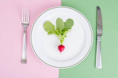 Tabakta kırmızı turp. Vejetaryen gıda kavramı, düzeni, menü. 