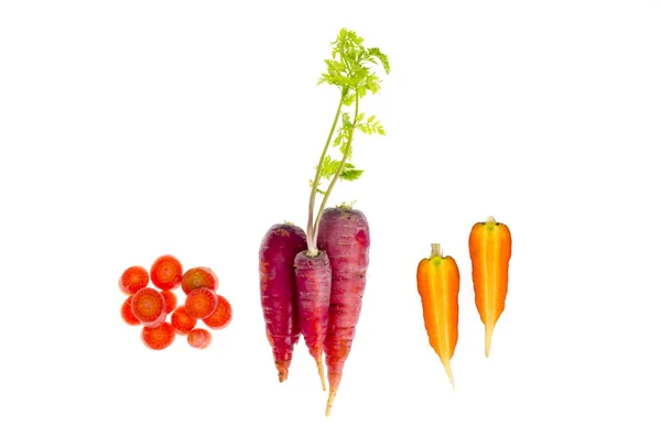 Stukjes kleurrijke rauwe wortelen op witte achtergrond — Stockfoto