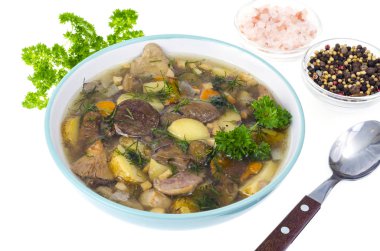 Lezzetli mevsimlik yabani mantar çorbası. Stüdyo Fotoğraf