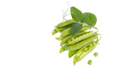 Green pea pods on white background isolated