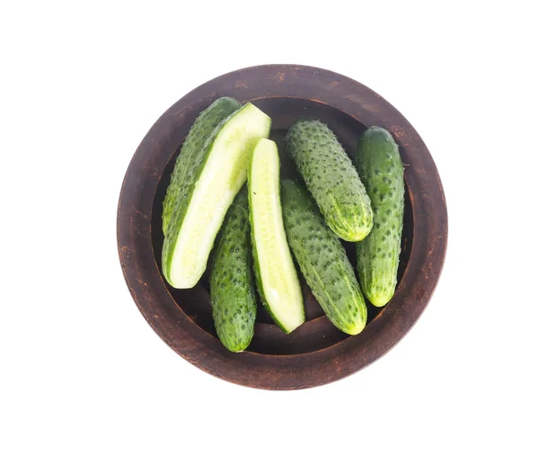 Fresh green cucumbers on ceramic bowl. Photo — Stock Photo, Image