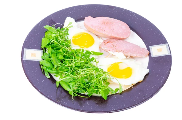 Gebratene Eier Würstchen Frischer Grüner Salat Frühstück Studioaufnahme — Stockfoto