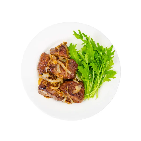 Pieces Fried Liver Onions Fresh Leaves Salads Studio Photo — Stock Photo, Image