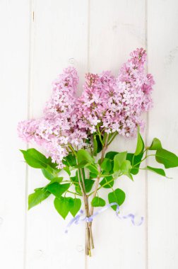 Ahşap yüzeyde çiçek açan leylak dalları. Stüdyo Fotoğrafı