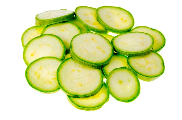 Slices Young Zucchini White Background Studio Photo — Stock Photo, Image