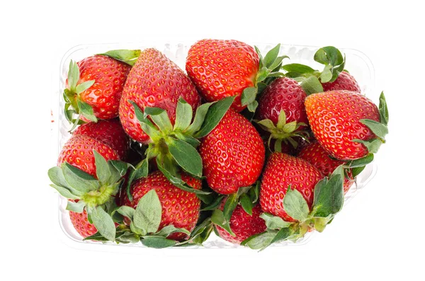 Ώριμες Φράουλες Διάφανη Συσκευασία Που Απομονώνεται Λευκό Φωτογραφία Στούντιο — Φωτογραφία Αρχείου