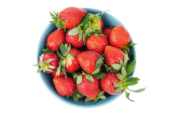 Rote Erdbeeren Blauer Schale Draufsicht Studioaufnahme — Stockfoto