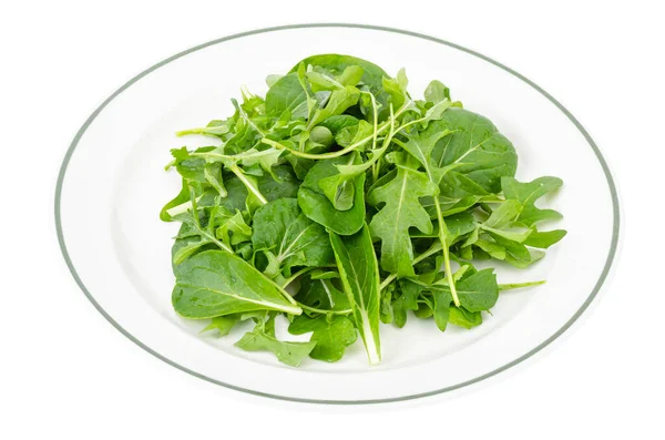 Υγιεινή Διατροφή Arugula Και Φύλλα Σπανάκι Λευκό Πιάτο Χορτοφαγικό Μενού — Φωτογραφία Αρχείου
