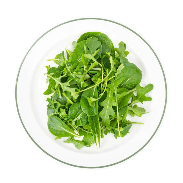 Υγιεινή Διατροφή Arugula Και Φύλλα Σπανάκι Λευκό Πιάτο Χορτοφαγικό Μενού — Φωτογραφία Αρχείου