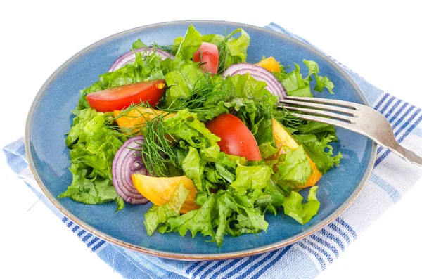 Platos de verduras, menú de fitness. Placa azul con ensalada sobre fondo blanco . —  Fotos de Stock