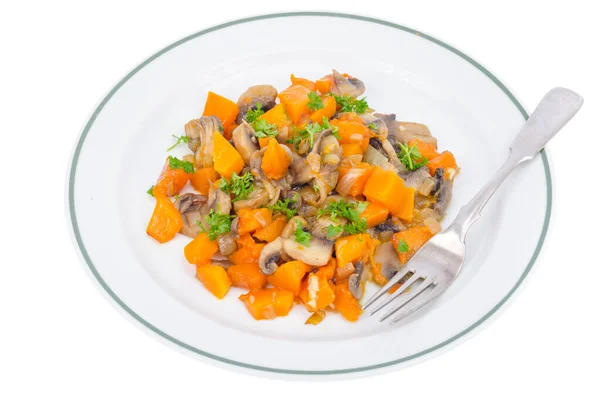 Weißer Teller Mit Vegetarischer Kost Aus Gemüse Kürbis Pilzen Studioaufnahme — Stockfoto