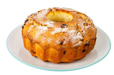 Ev yapımı pişirme. Lezzetli vanilyalı üzümlü kek. Stüdyo Fotoğrafı