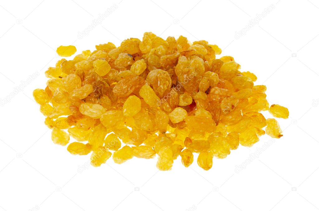 Bunch of light golden raisins isolated on white background. Studio Photo