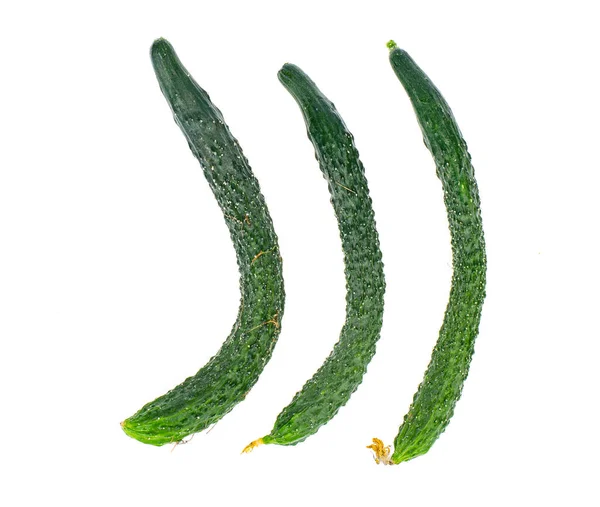 Three Fresh Long Green Cucumbers White Background Studio Photo — Stock Photo, Image