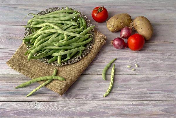 Cooking Food Fresh Green Beans Tray Vegetables Close Wooden Background — Stock Photo, Image