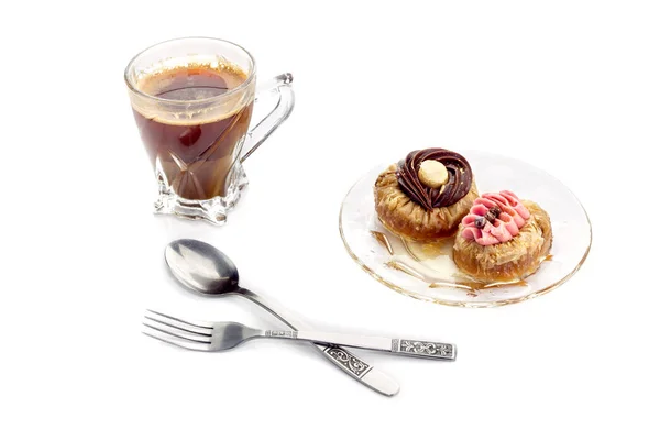 Two Small Cakes Roxakia Syrup Plate Cup Coffee Close White — Stock Photo, Image