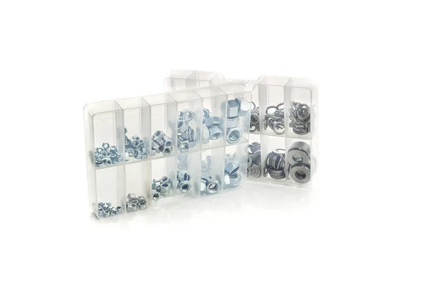 New Sets Hex Nuts Spring Washers White Background Close — Stock Photo, Image