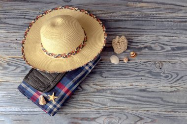 Yeni, su geçirmez, kareli ekose bir piknik ve kamp, hasır şapka ve kabukları ahşap arka plan yakın tarih