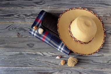 Yeni, su geçirmez, kareli ekose bir piknik ve kamp, hasır şapka ve kabukları ahşap arka plan yakın tarih
