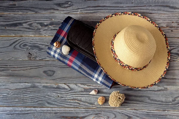 Yeni, su geçirmez, kareli ekose bir piknik ve kamp, hasır şapka ve kabukları ahşap arka plan yakın tarih