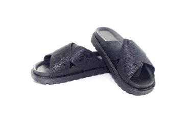 Beyaz bir arka plan leatherette yakın çekim üzerinden yeni, siyah, rahat, Kadın sandalet