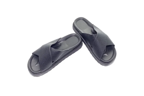 Nieuwe Zwarte Comfortabele Vrouwelijke Sandalen Van Kunstleren Close Een Witte — Stockfoto