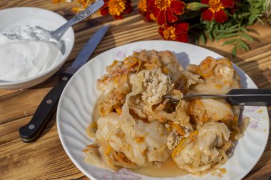 Bir plaka yakın çekim (Rusça ve Ukraynaca mutfağı taze, sıcak, ev yapımı, rustik lahana rulo)