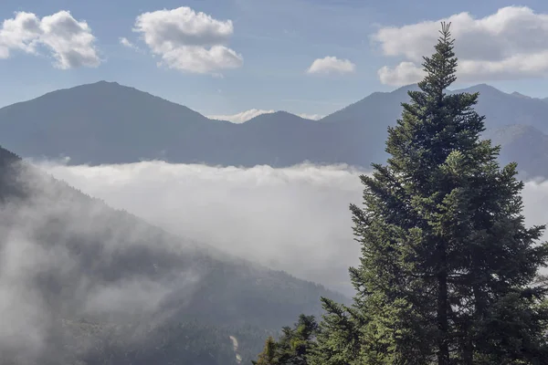 Dağ Manzarası Sonbahar Bulutlu Sabahleyin Yunanistan Peloponnese Dağlar Sis Fonunda — Stok fotoğraf