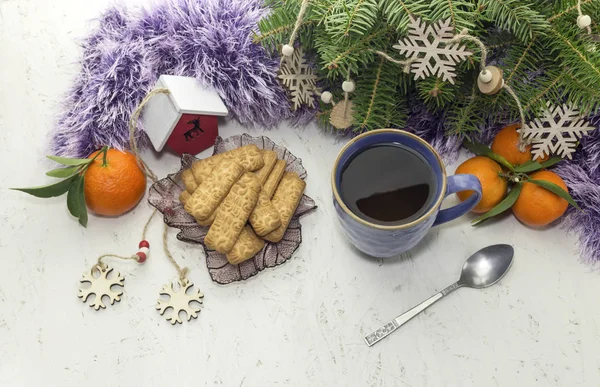 Nouvel Composition Noël Les Mandarines Les Biscuits Noël Une Tasse — Photo