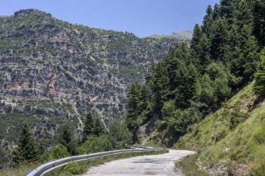 Kırsal bir dar yol ve dağlar görünümünü güneşli, bir yaz gününde (bölge Tzoumerka, Epirus, Yunanistan).