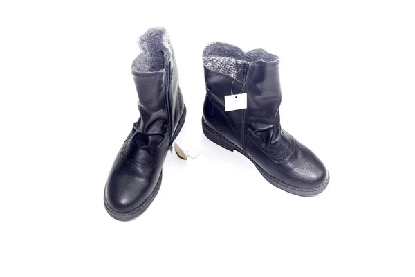 Обувь Черная Женщина Новые Сапоги Белом Фоне Крупным Планом — стоковое фото