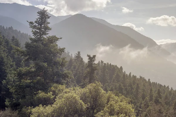 Dağ Manzarası Sonbahar Bulutlu Sabahleyin Yunanistan Peloponnese Dağlar Sis Fonunda — Stok fotoğraf