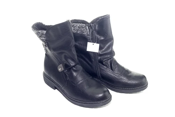 Calçado Feminino Preto Novas Botas Fundo Branco Close — Fotografia de Stock