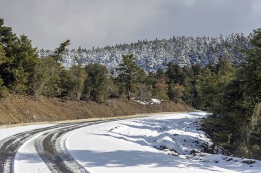 Bir dar, kırsal yol kış bulutlu gün (Yunanistan, Peloponnese, dağ silsilesi Taygetus dağlarında).
