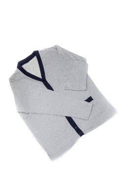 Giysiler. Beyaz arka plan yakın çekim yeni, sıcak, gri, damalı, erkeksi, pijama ceket.