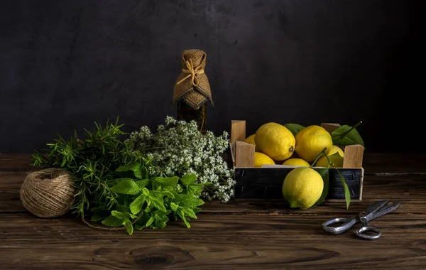 Различные травы, специи, лимоны и оливковое масло на деревянной спинке — стоковое фото