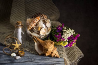 Ahşap masada çeşitli deniz kabuğu ve yaban çiçekleri