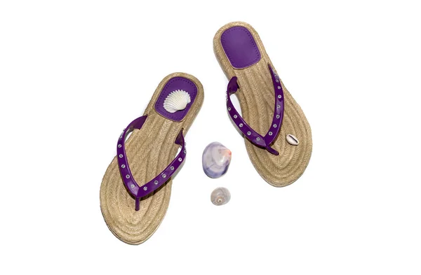 Een paar nieuwe, Lila vrouwen slippers voor het strand — Stockfoto