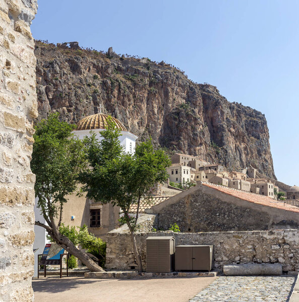 View of fortified town Monemvasia (Laconia, Greece, Peloponnese) on a small island on a sunny summer day
